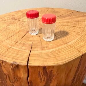 Vintage MCM Red-Capped Glass Salt and Pepper Shaker Set